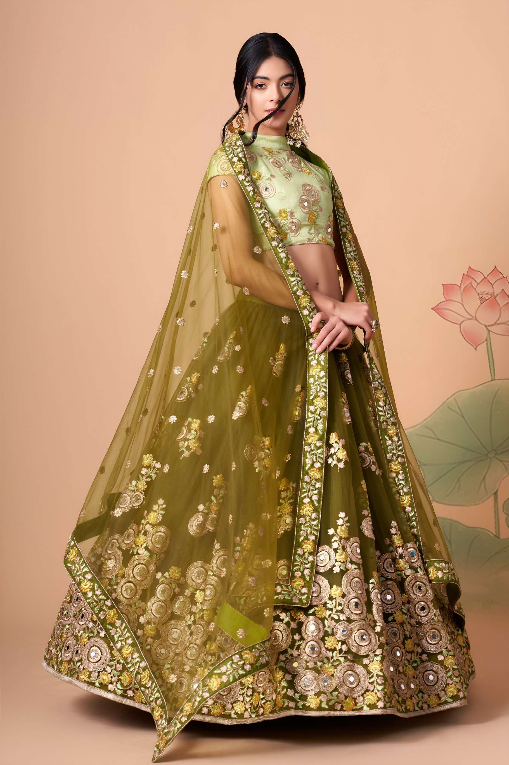 Olive Green & Pista colour Mirror and Embroidered work om net Lehenga Choli supplier in surat 7325 Mehndi